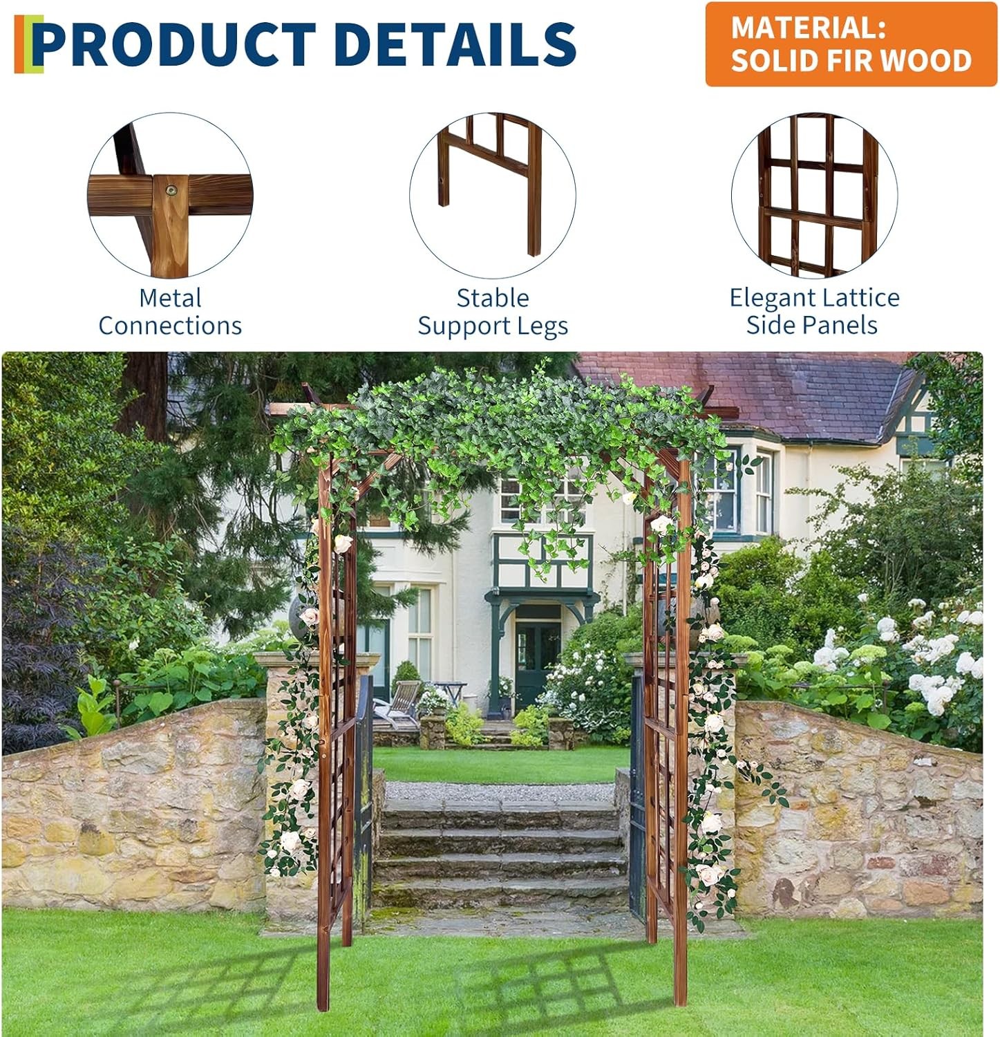 85 Inch Outdoor Wooden Garden Arbor Trellis Flat-Top Pergola for Climbing Plants