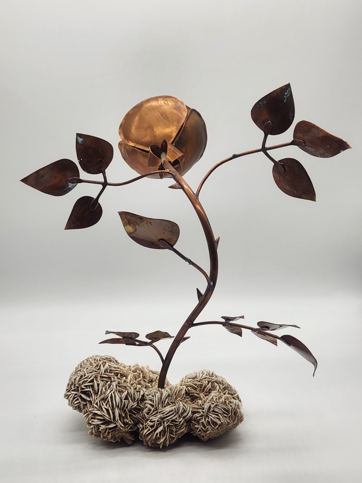 Copper Rose Sculpture w/Desert Sand Rose Crystal ~ 13" H x 10" L x9" W