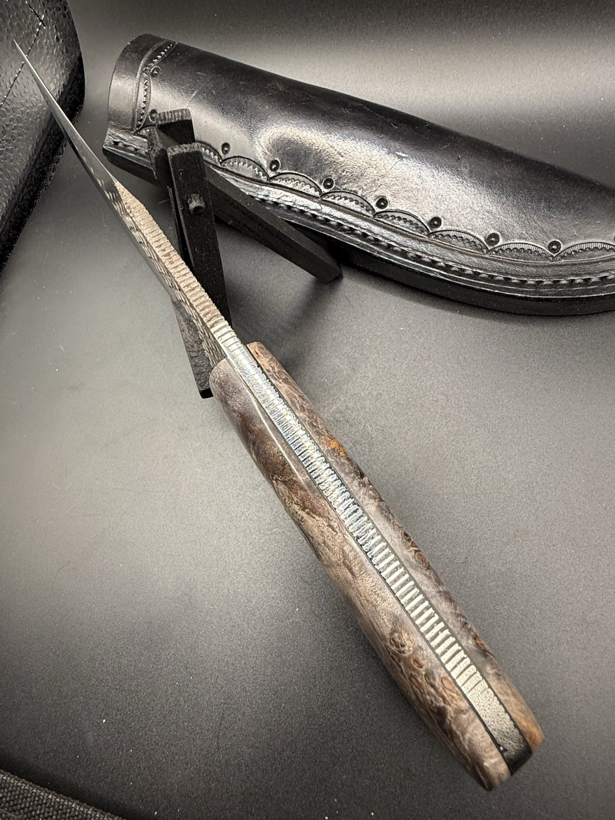 Wilson Custom File/Rasp Knife With Leather Sheath Full Tang With Burl Handle