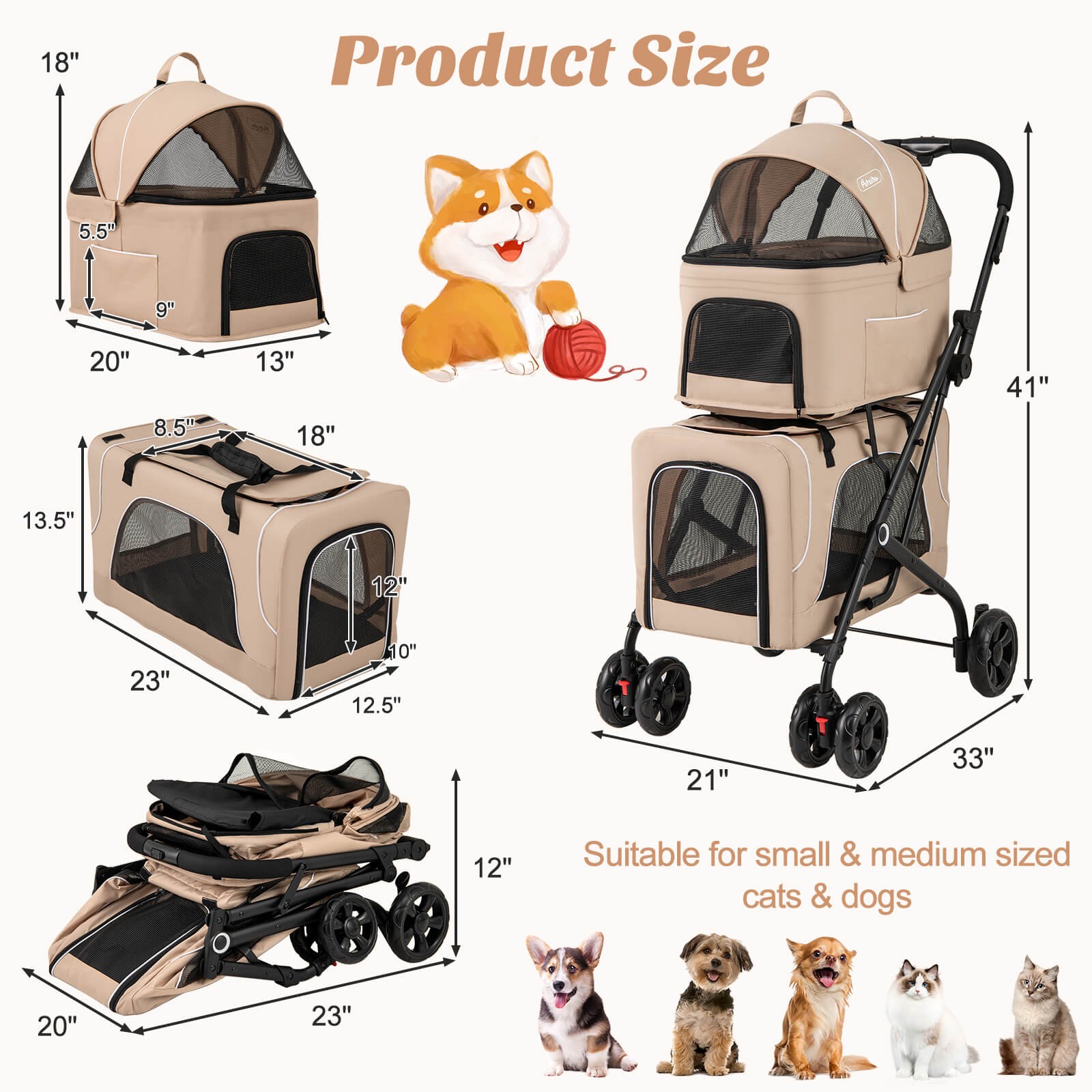 Double Pet Stroller for 2 Dogs or Cats w/ 2 Detachable Carriers Safety Belt