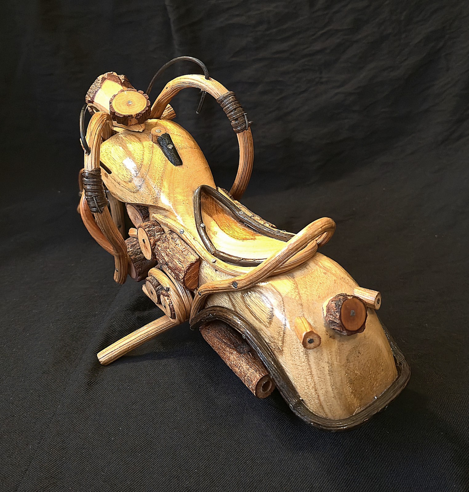 Handmade Twig Folk Art Chopper Motorcycle Sculpture Wood Rustic 12" Harley Style