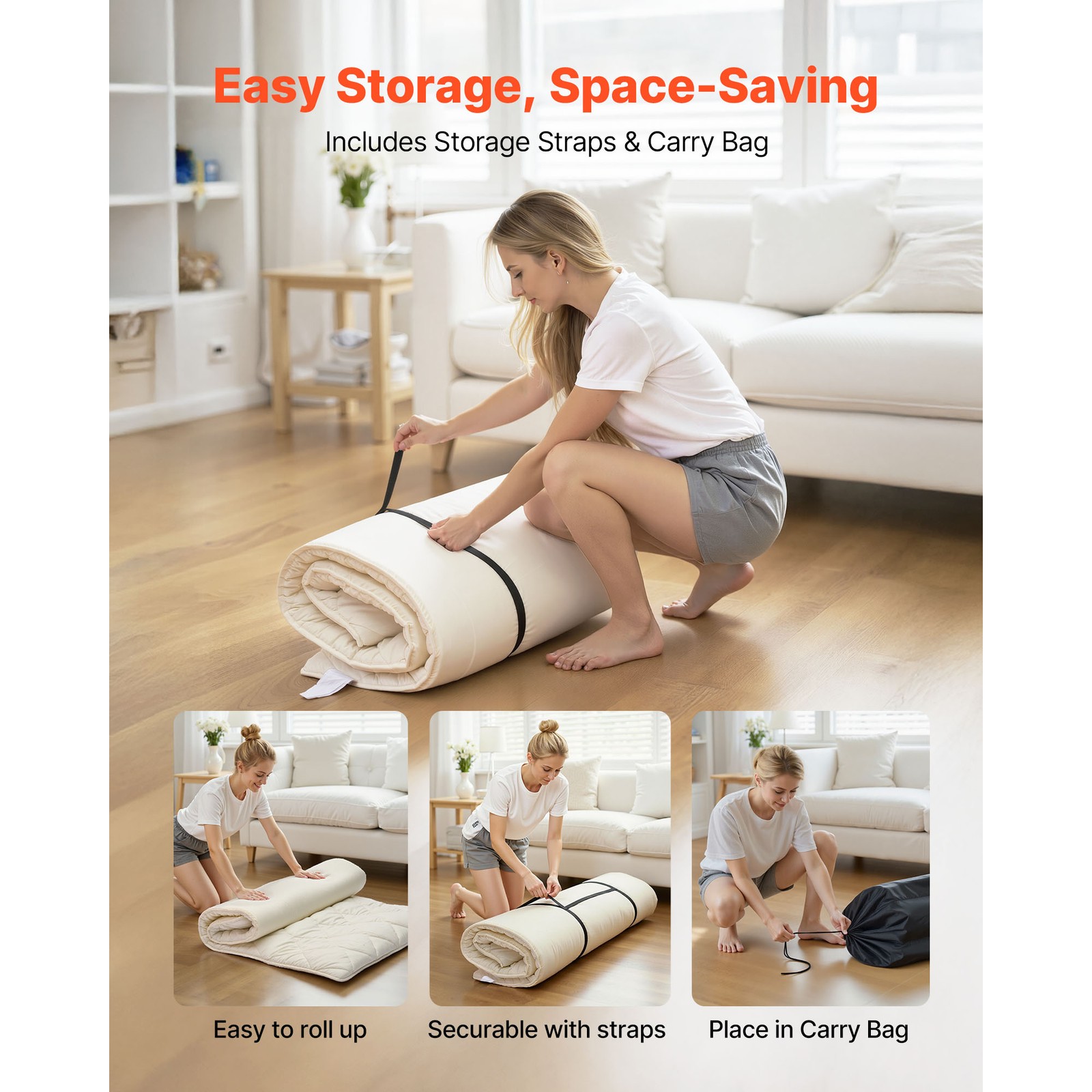 Uimoso Japanese Tatami Mat Twin Foldable Futon Mattress with Storage Bag, White