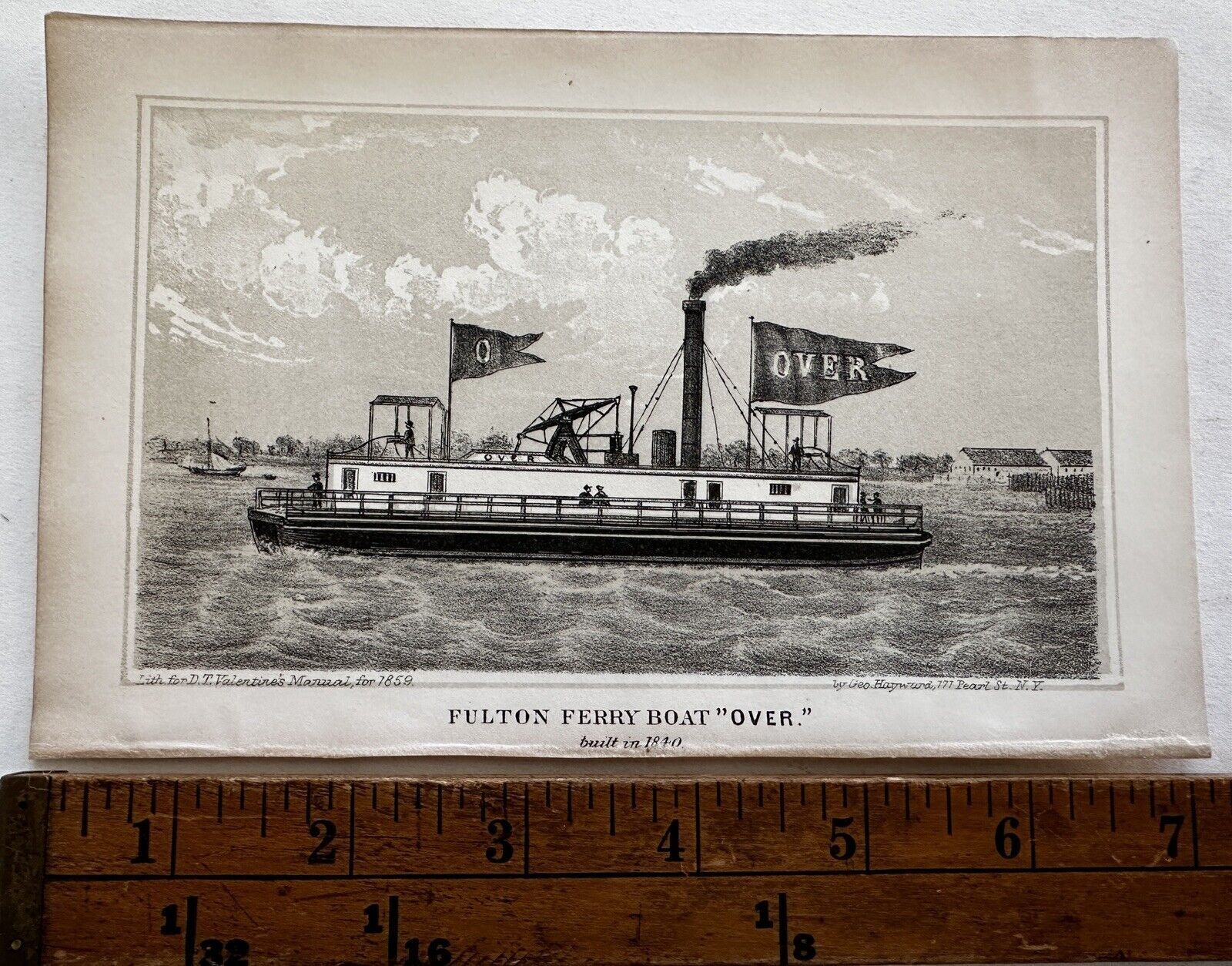 NYC Fulton Ferry boat “Over” 1859 antique lithographed Hayward nautical print