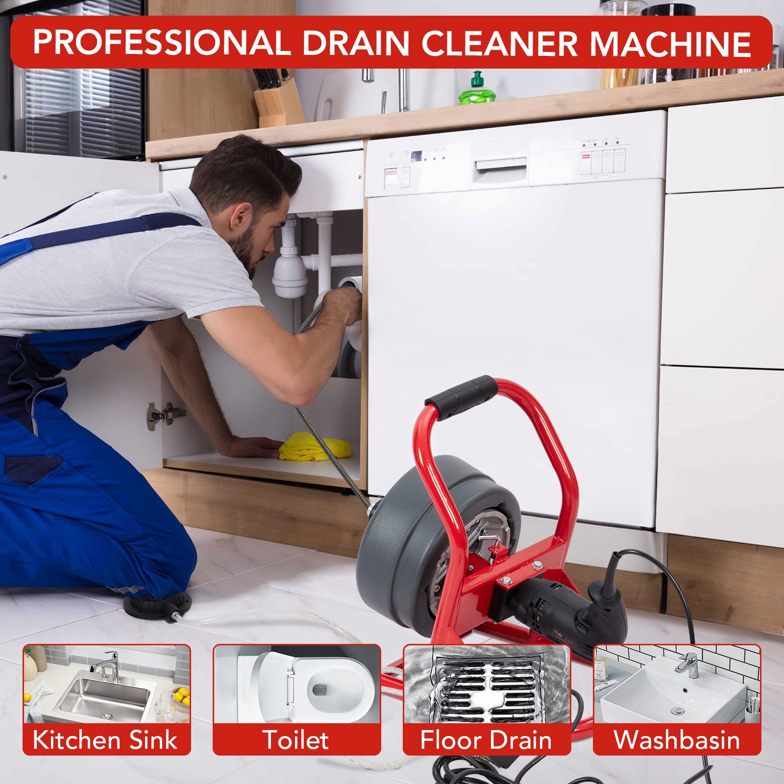 50Ft x 5/16" Drain Cleaner Machine Drain Auger Sewer Snake Plumbing with Cutters