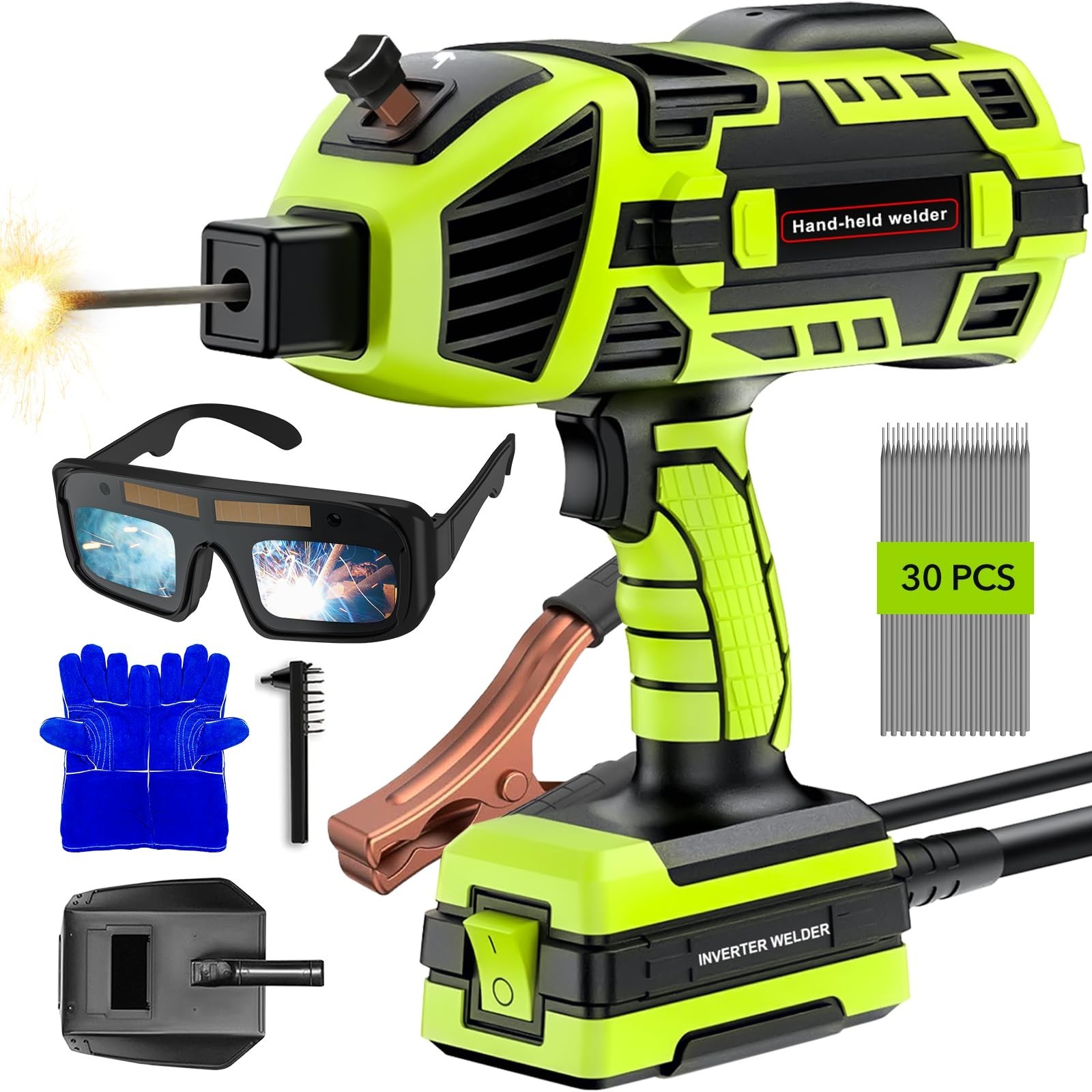 Handheld ARC Welder Kit 110V with Auto-Darkening Goggles & 30 Rods, Green