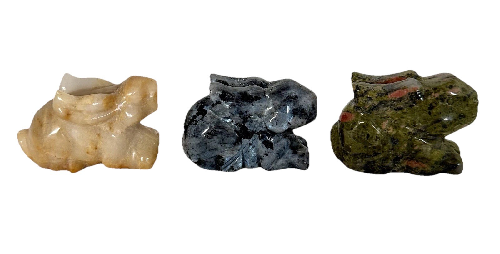 2” Crystal Bunny Rabbits Carvings Calcite, Larvakite, Unikite