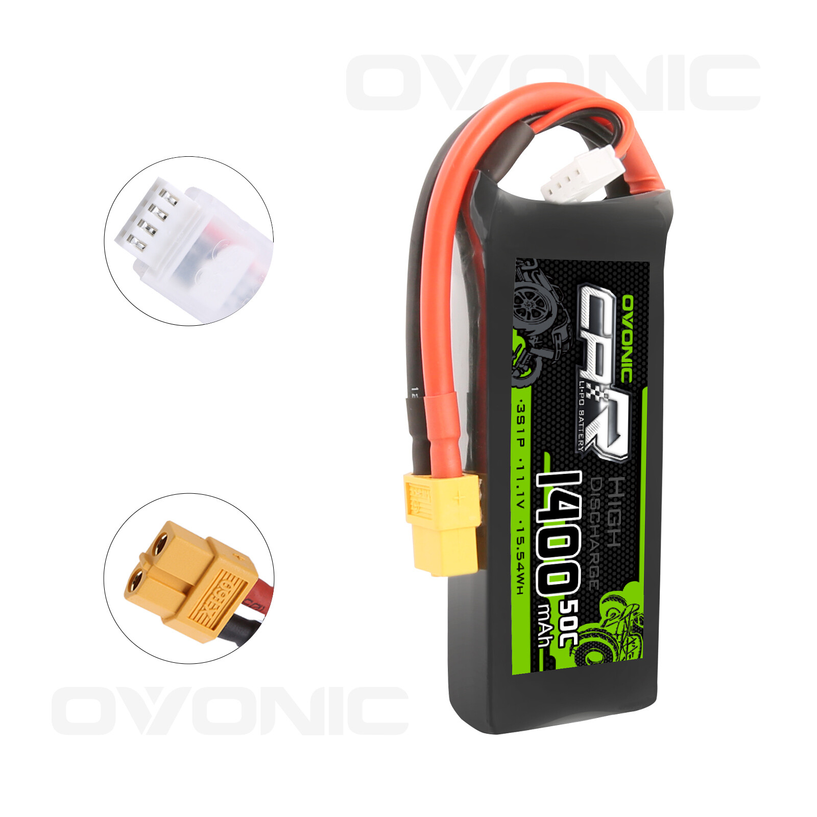 OVONIC 11.1V Lipo Battery 3S 50C 1400mAh W/ XT60+TRX for E-Revo VXL 1/16 traxxas