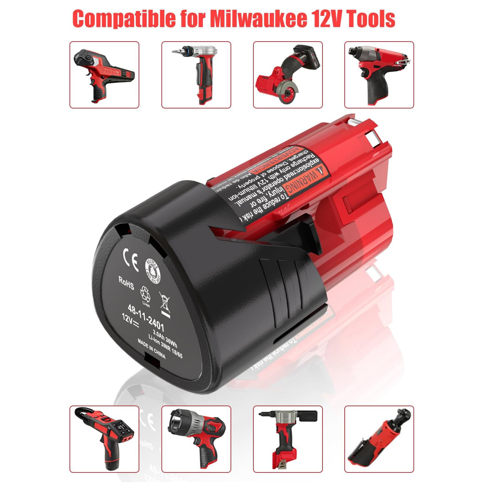 2 Pack 12V 3.0Ah for Milwaukee M-12 Lithium-ion Battery 48-11-2425 48-11-2420