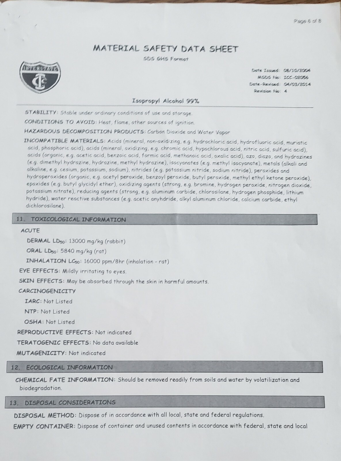 1 GALLON - PACKED IN 4 QTS- ISOPROPYL ALCOHOL 99% - NO IMPURITIES - MADE IN USA