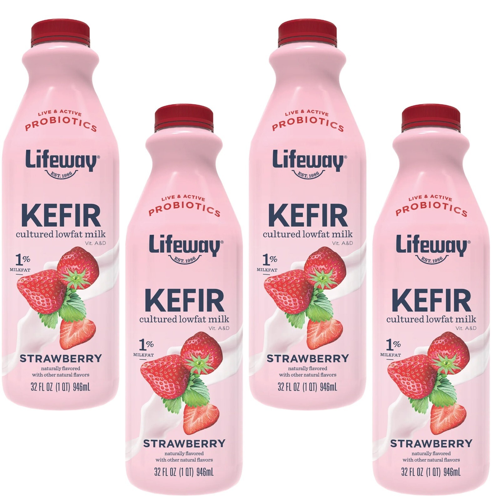 4 Bottles Lifeway Strawberry Lowfat Kefir Milk Drink Probiotics Size 32 oz 4-pck