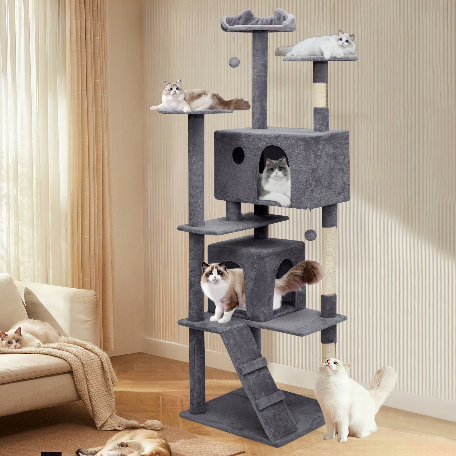 Cat Tree Cat Tower Large Kitten Playing Condo House 77" Multi-level Tipping Rope