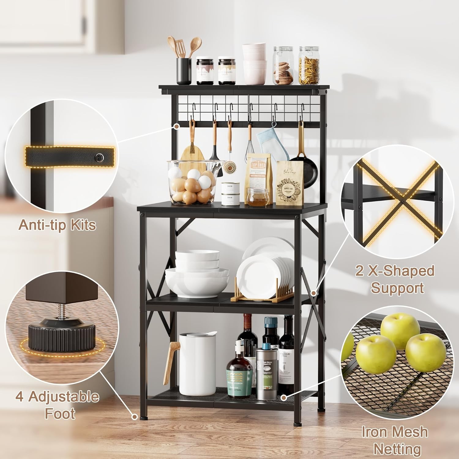 Kitchen Bakers Rack with Hutch,Coffee Stand with Storage 4 Tiers