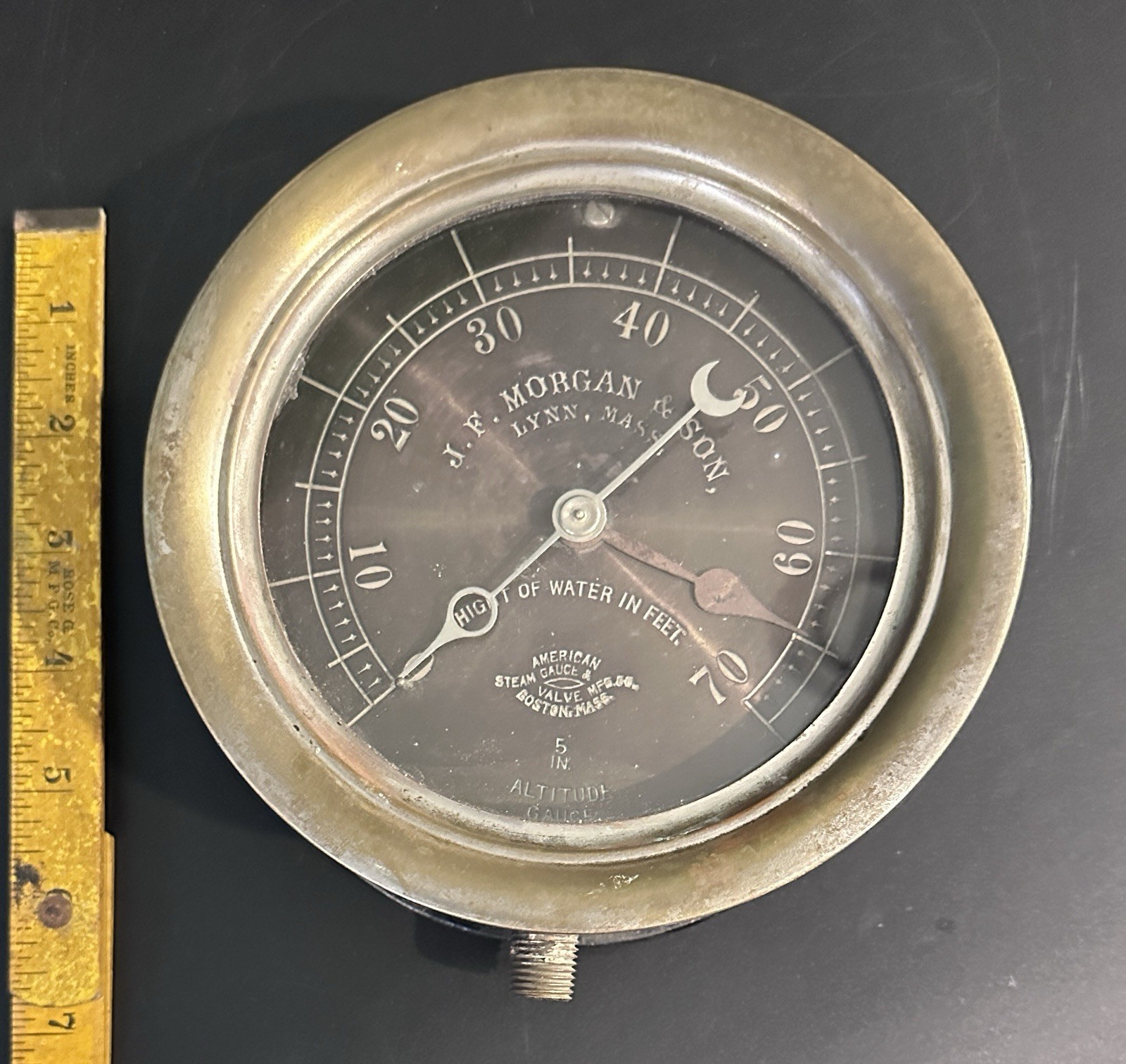 American Steam Gauge & Valve Co 5” Altitude Gauge, J.F. Morgan & Son, Lynn, Mass