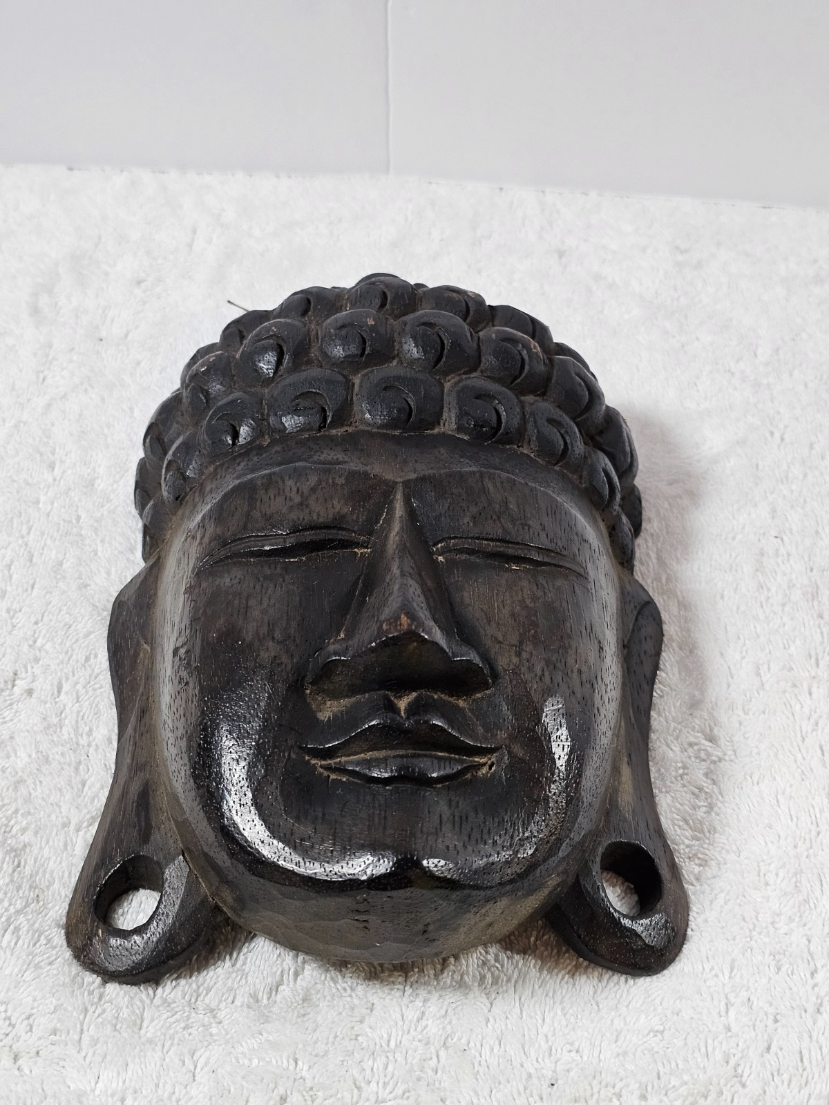 VTG Indonesian Hand Carved Wooden Buddha Head Wall Mask 11" Tribal Art Decor