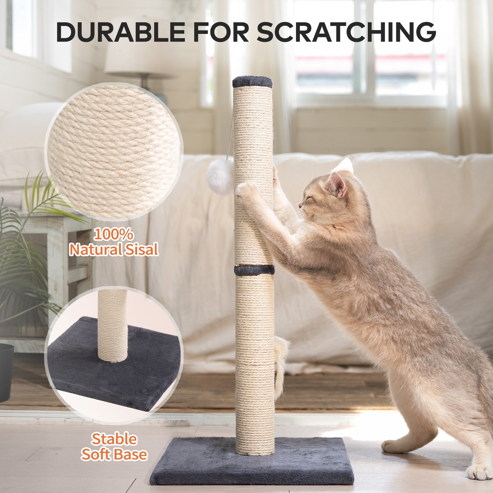 Cat Scratching Post, 25"H Sisal Vertical Scratcher Post with Toys for Indoor