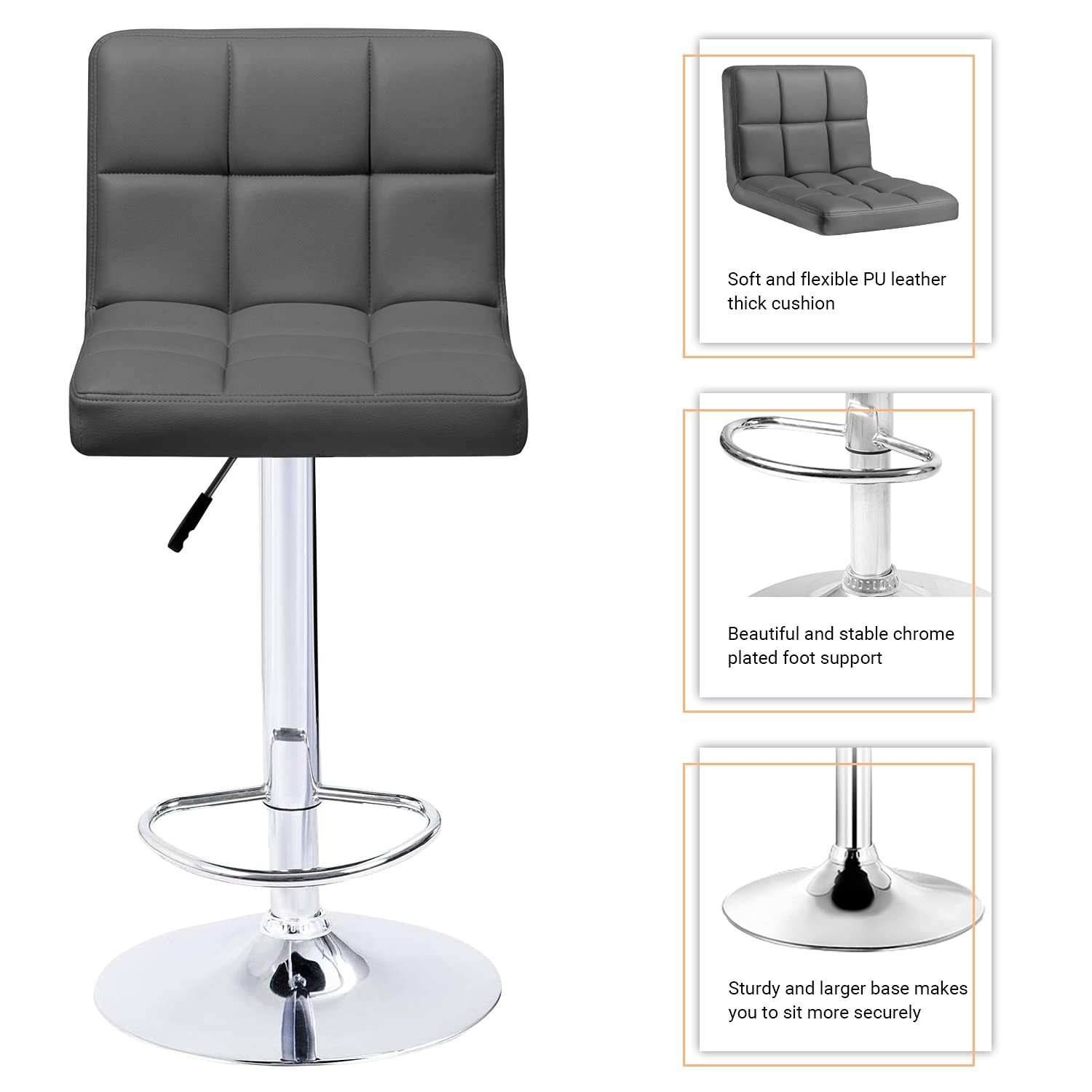 Modern PU Leather Adjustable Swivel Bar Stools with Back Footrest Set of 2 Grey