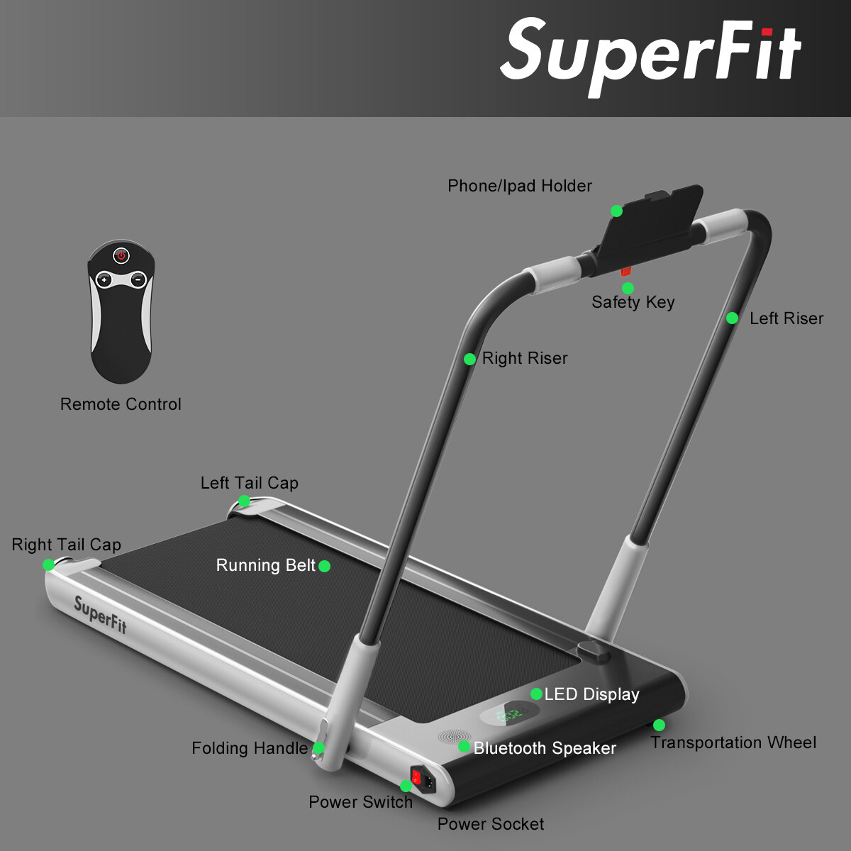 SuperFit 2.25HP 2 in 1 Folding Treadmill W/APP Control Speaker Remote APP Home