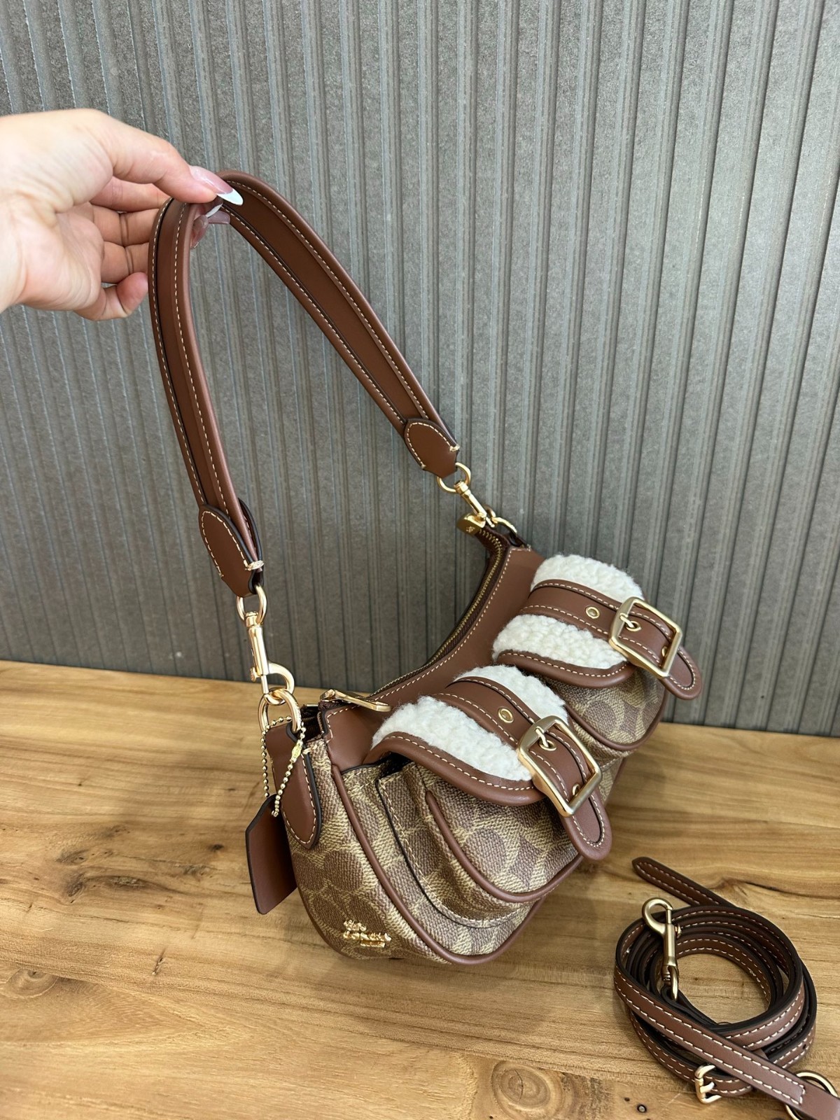 Ashton Baguette Bag In Signature Canvas Tan/Natural CY658 Outlet NEW