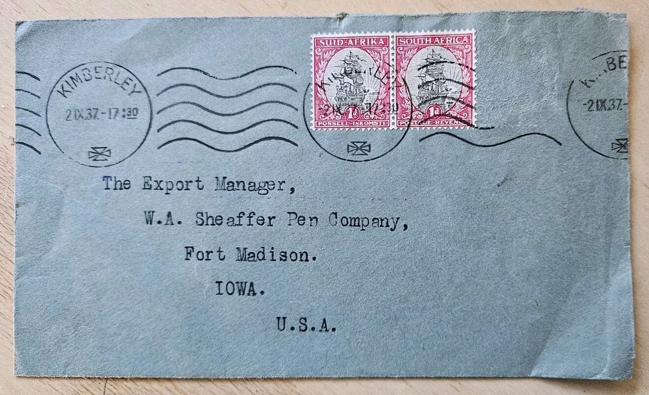 1937 South Africa to USA cover 1d posted Kimberley to Ft. Madison, Iowa