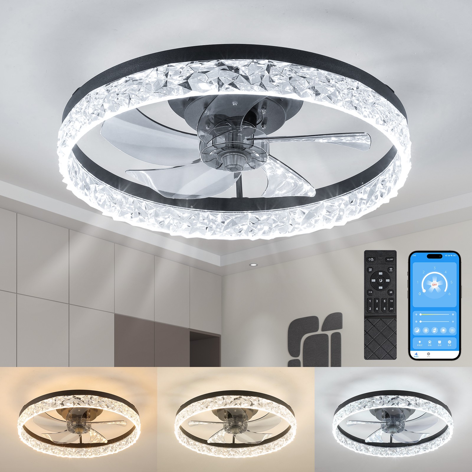 20" Ceiling Fan With LED Lights Crystal Design Flush Mount Remote & APP Control