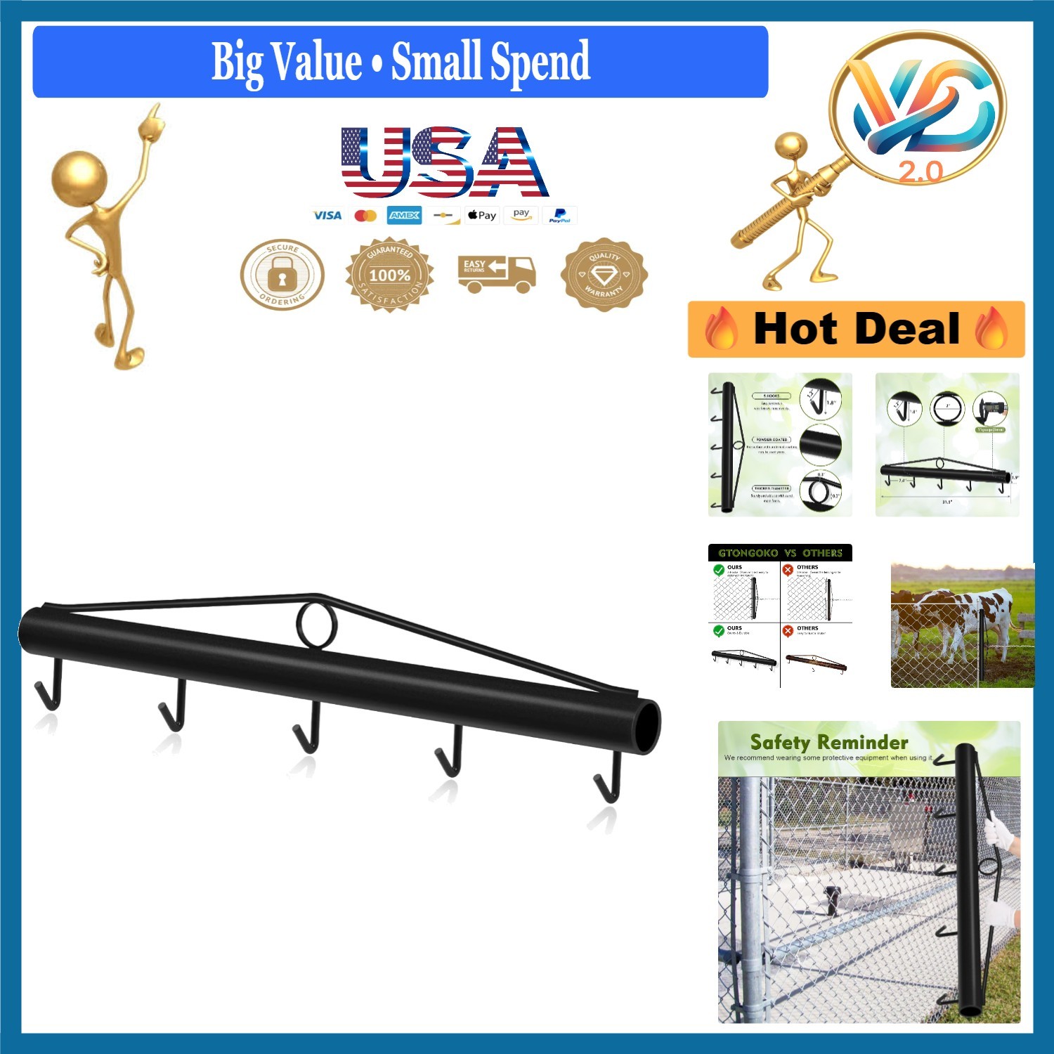 New 31.5 Inch Chain Link Fence Stretcher 5-Hook Steel Wire Tool Black