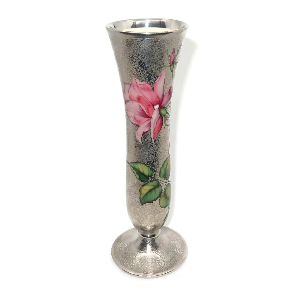 Rosenthal Germany 1941, Floral 1000 Sterling Silver & Porcelain Vase, 11 5/8"