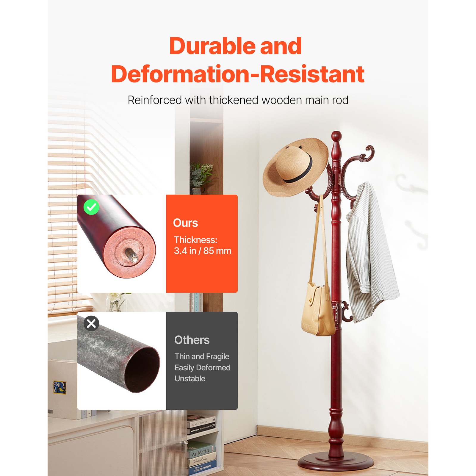 Freestanding Coat Rack Wooden Coat Tree with Stable Large Base & 11 Hooks