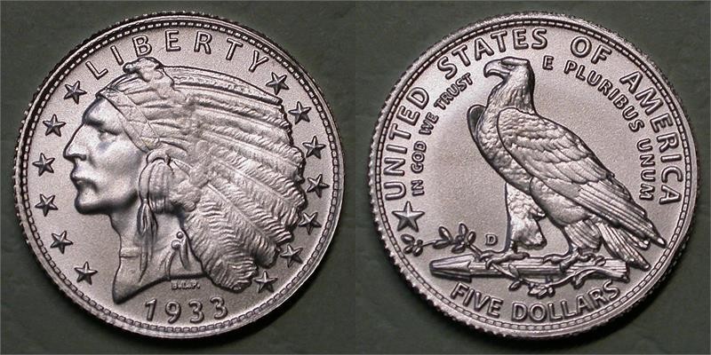 1933-D ANACS MS70 Dan Carr Native Head $5 Normal Relief (Not Sunken)Silver Token