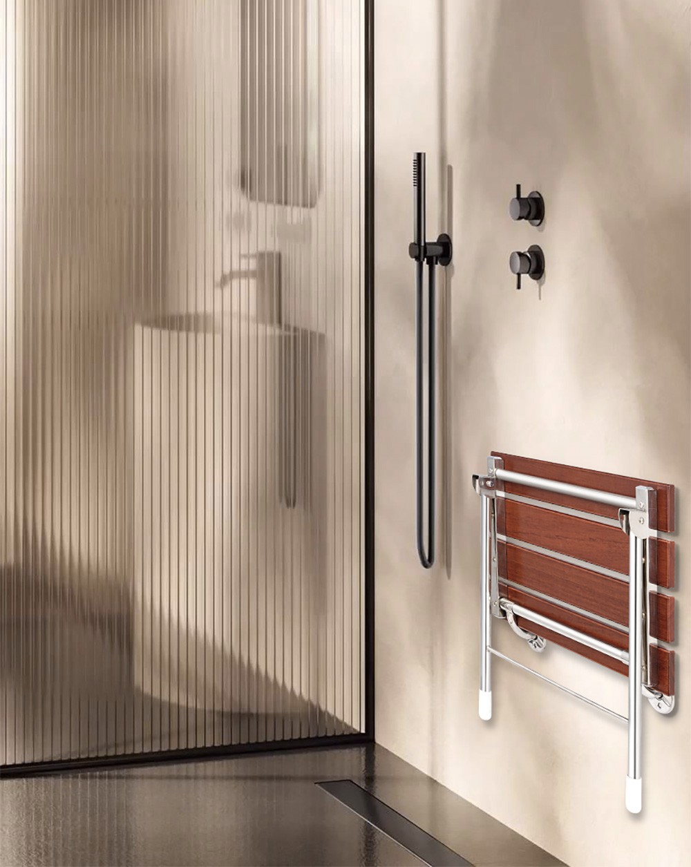 Foldable 21.5" Teak Wood Shower Seat Bench with Supporting Legs Wall Mounted