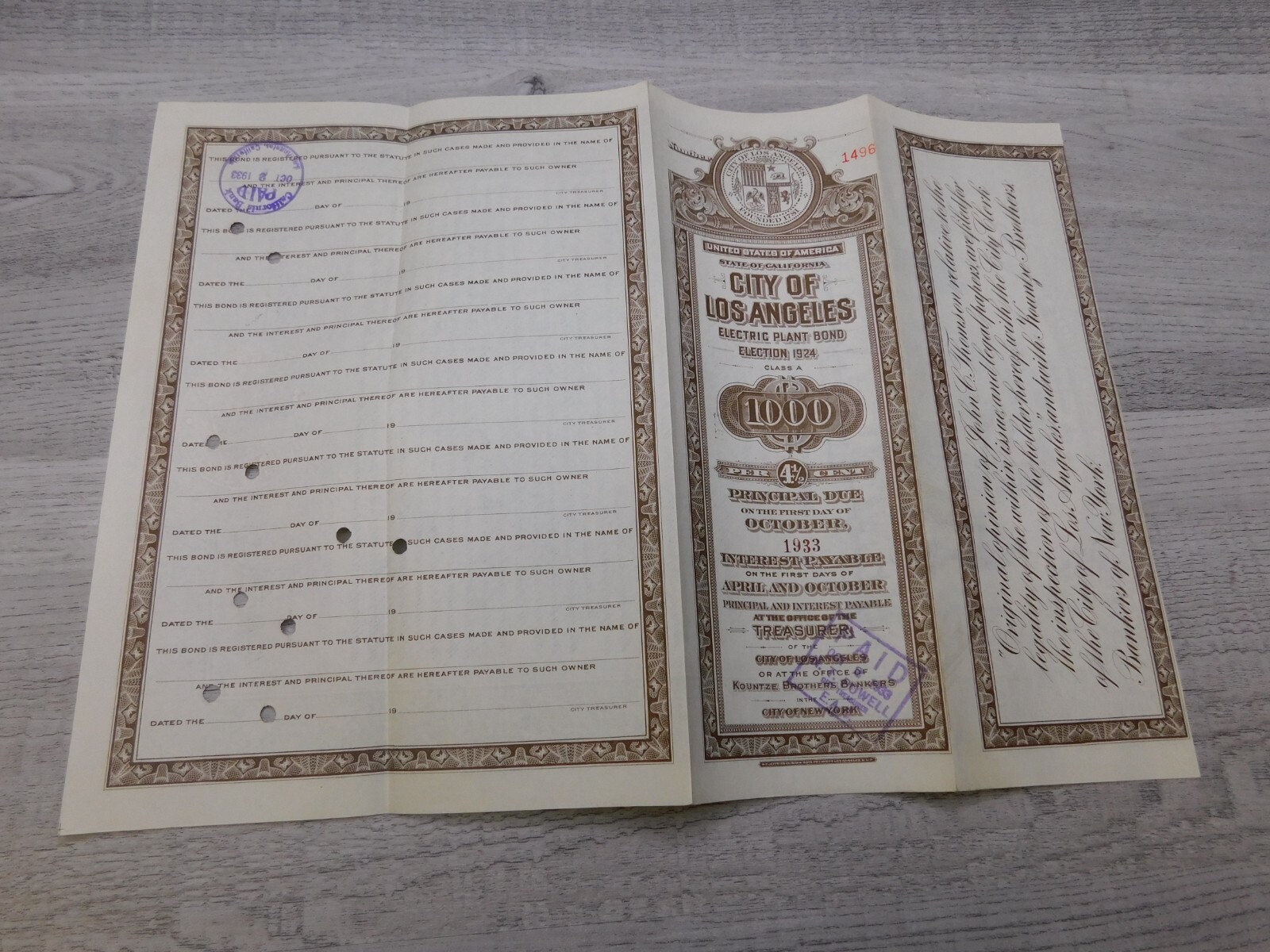 Vintage 1933 California City of Los Angeles Electric Plant Bond Election No 1496