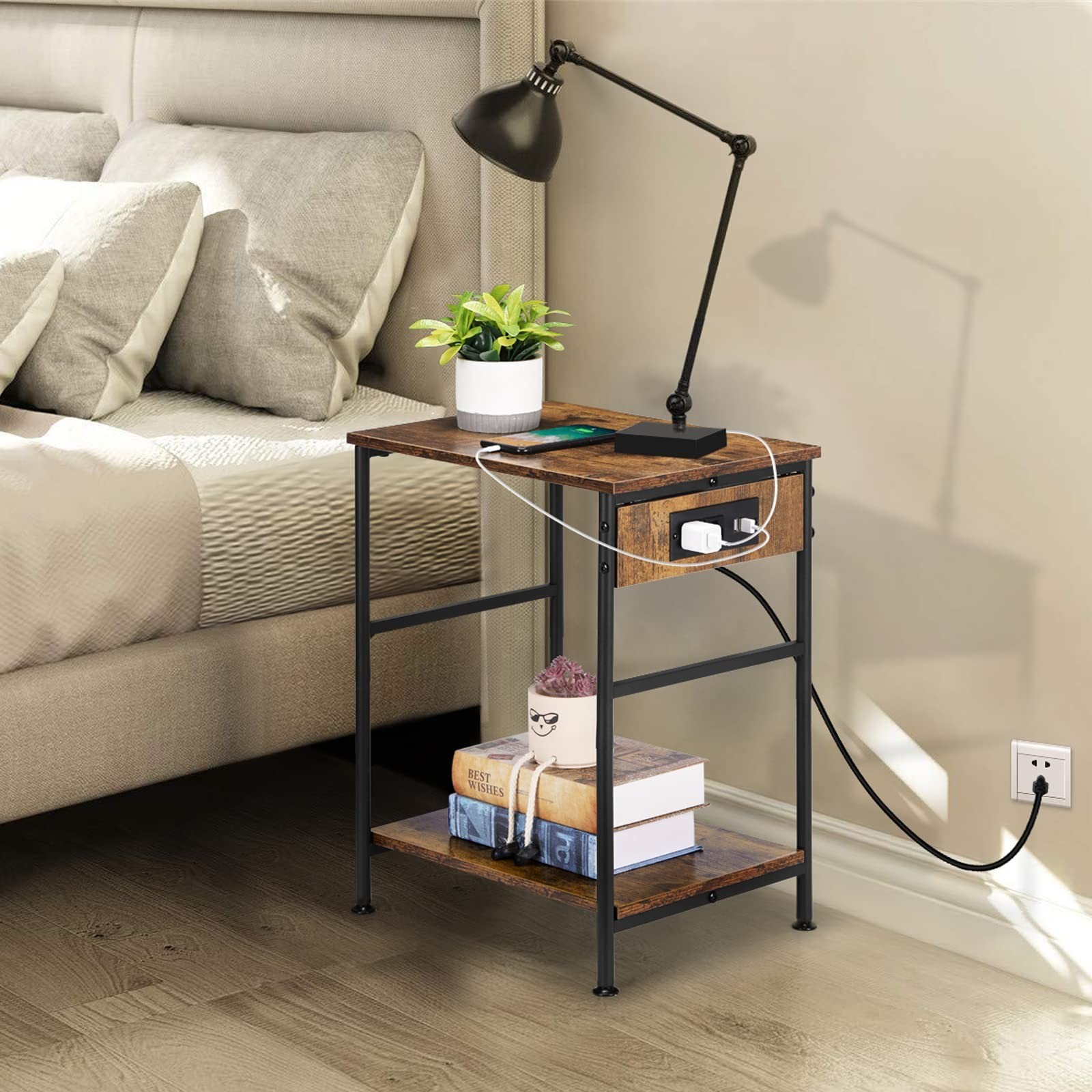 MOOACE Nightstands Set of 2, End Table with Charging Station, 2 Tier Narrow S...