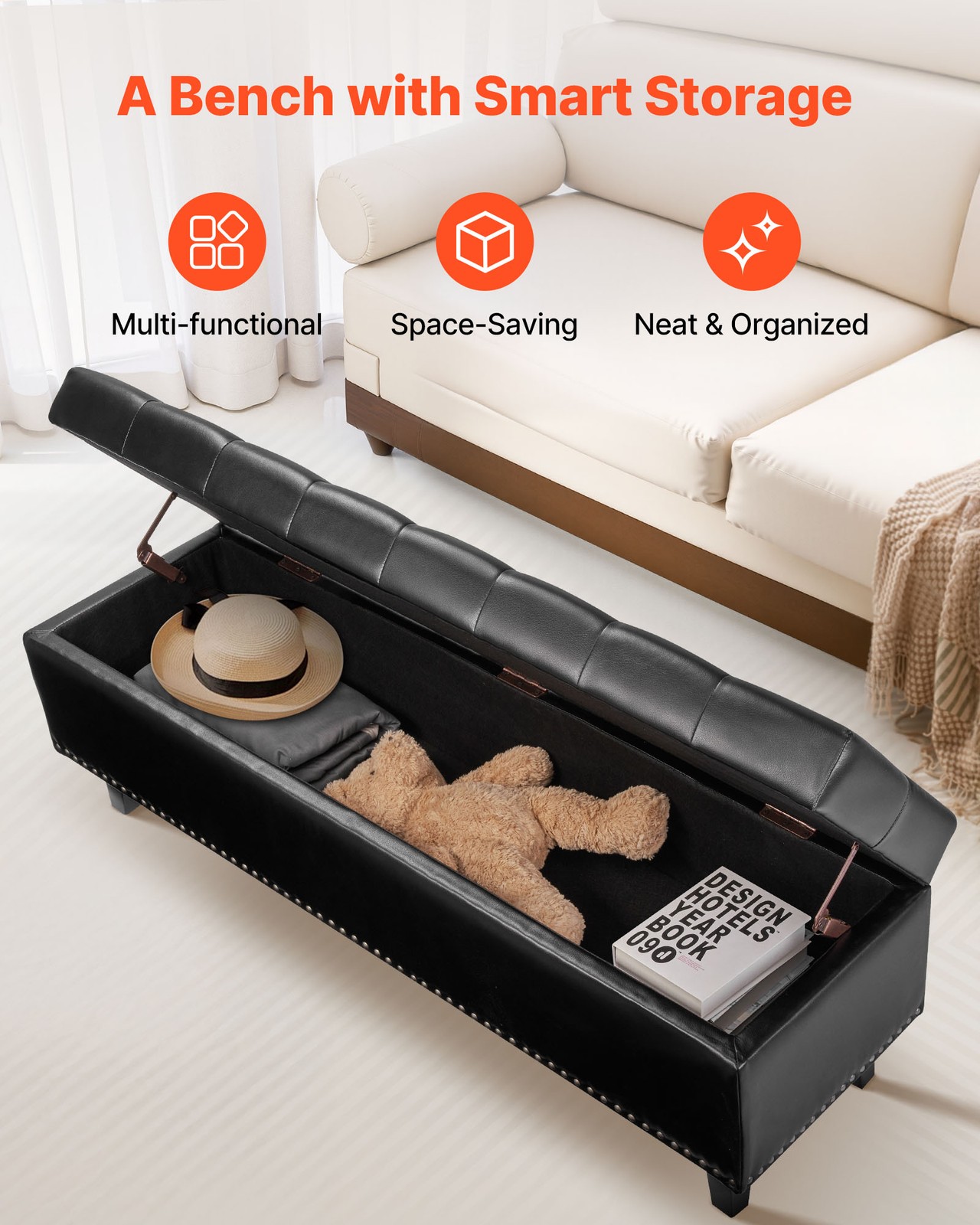 Uimoso Button-Tufted Storage Ottoman Bench PU Leather Bench with Wood Legs Black