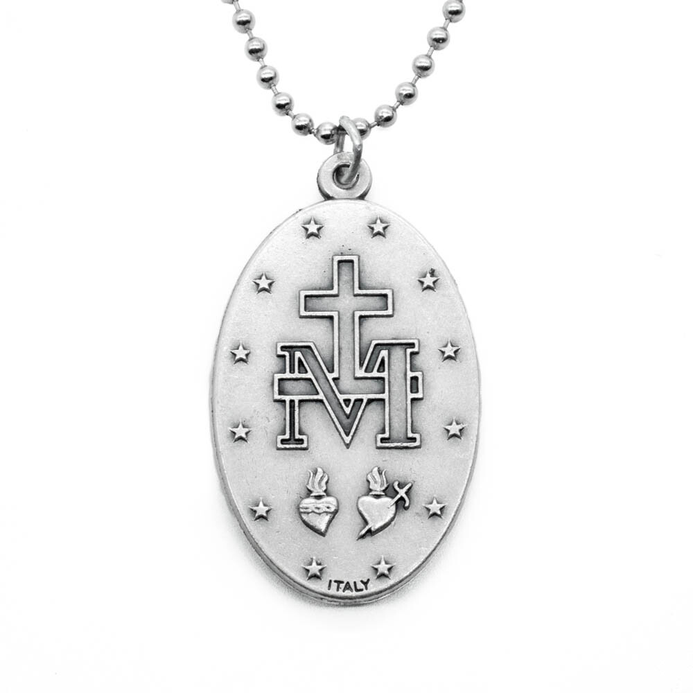 Extra Large 1-3/4" Miraculous Medal Virgin Mary Pendant Necklace Italy 24" Chain