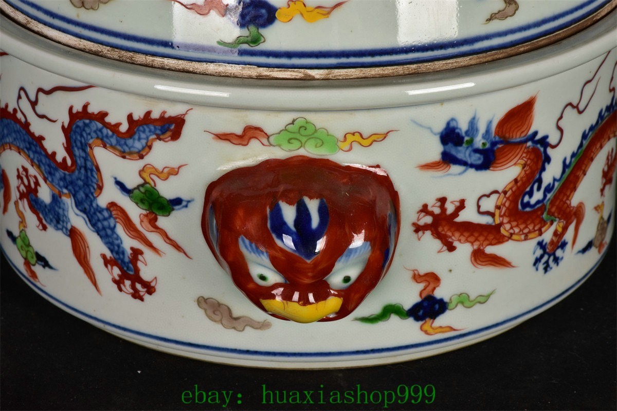 10.2"Wucai Porcelain Dragon Loong Beast Phonix Tiger Head incense burner Censer