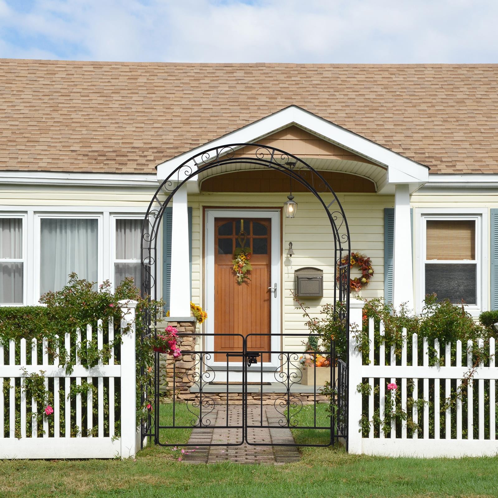7FT Sturdy Metal Garden Arch Trellis with Gate for Outdoor Garden Lawn Backyard