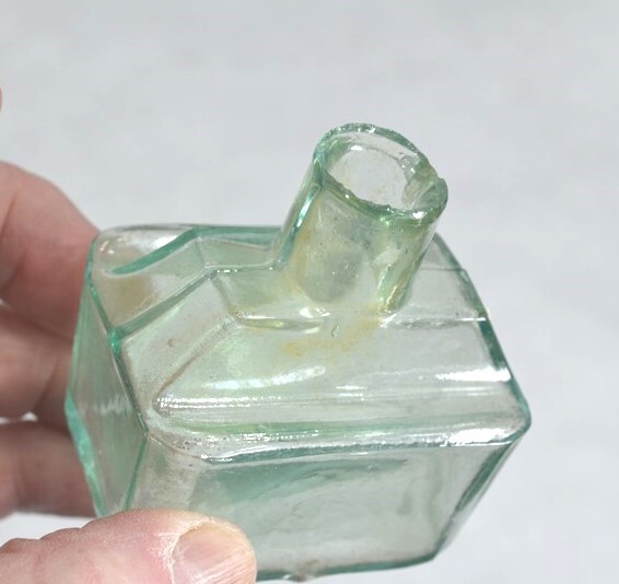 antique ink bottle lot round, cottage, desk 4 sheared tops light aqua original