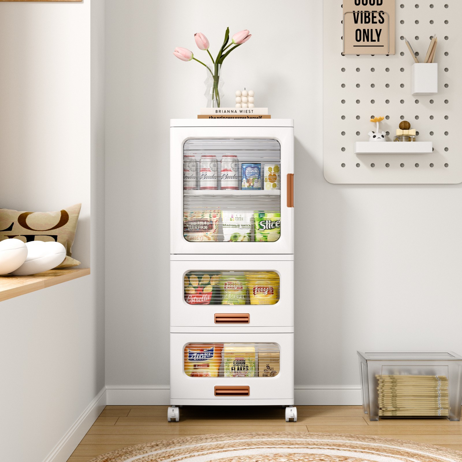 Multi Height Slim Storage Cabinet with Wheels Stackable Foldable Clear Door