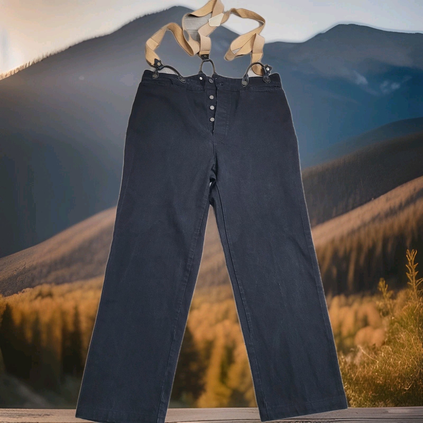 VTG Wah Maker Frontier Clothing Pants Mens 38 Black Denim Suspenders Button Fly