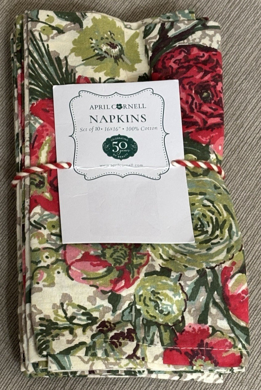 Set of 10 APRIL CORNELL MERRY ANTIQUE Cotton Floral Holiday Square Napkins New