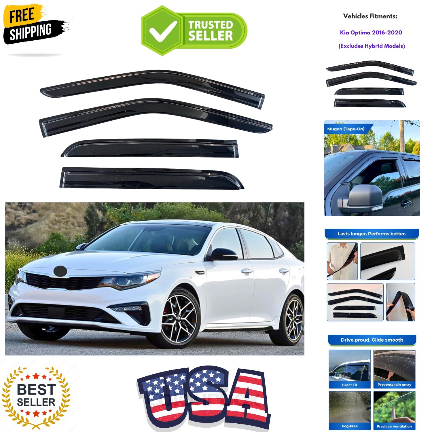 Window Visor Compatible with Kia Optima 2016-2020 Excludes Hybrid Models, 4PC...