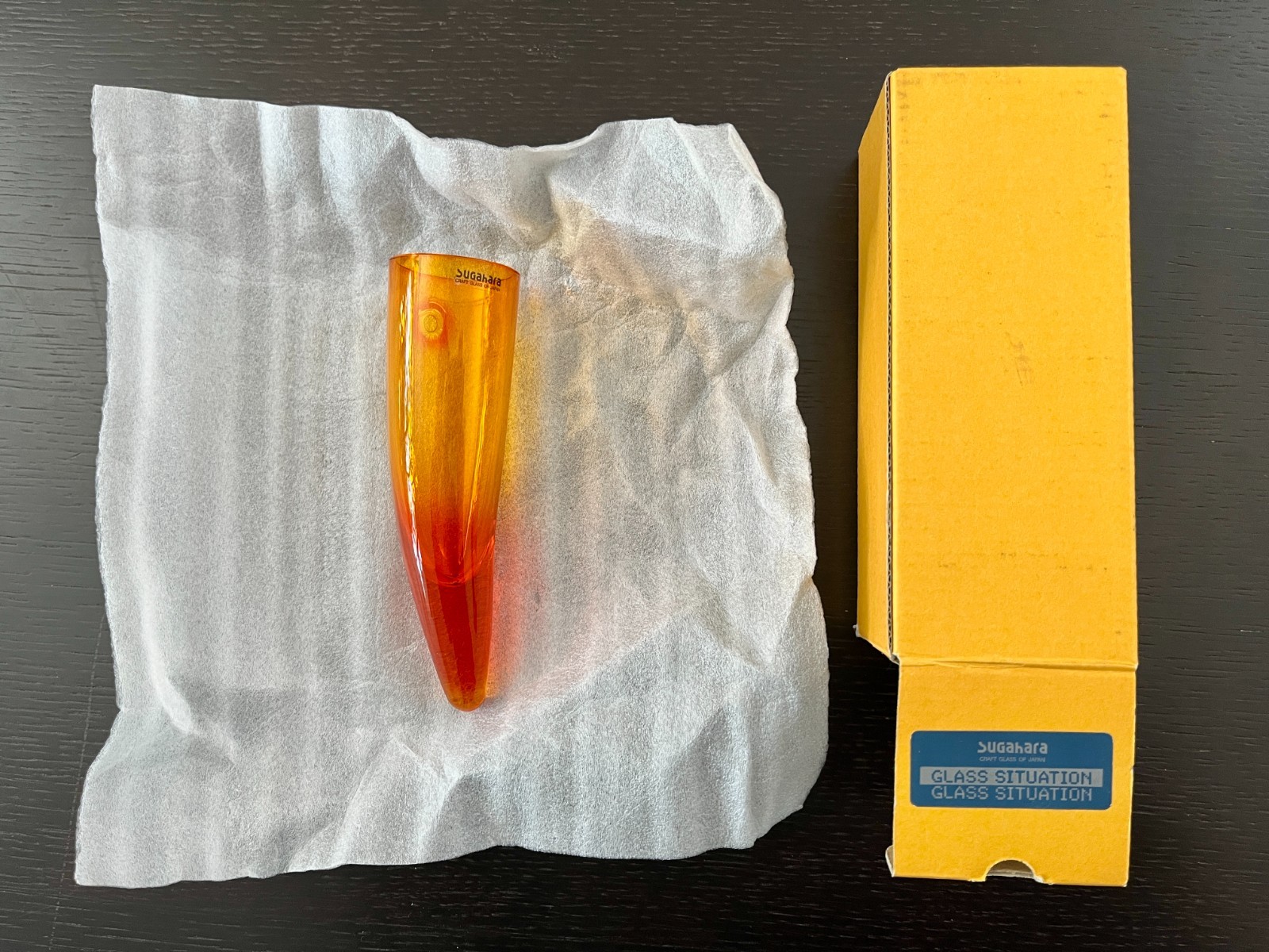 Vintage Sugahara Art Glass Wall Hanging Horn Vase Orange Japan NOS Box
