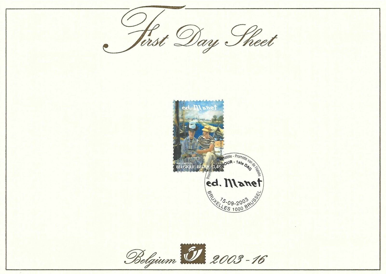 [FDS109] Belgium FDS 2003-16 Art Manet First Day Sheet SUPERB