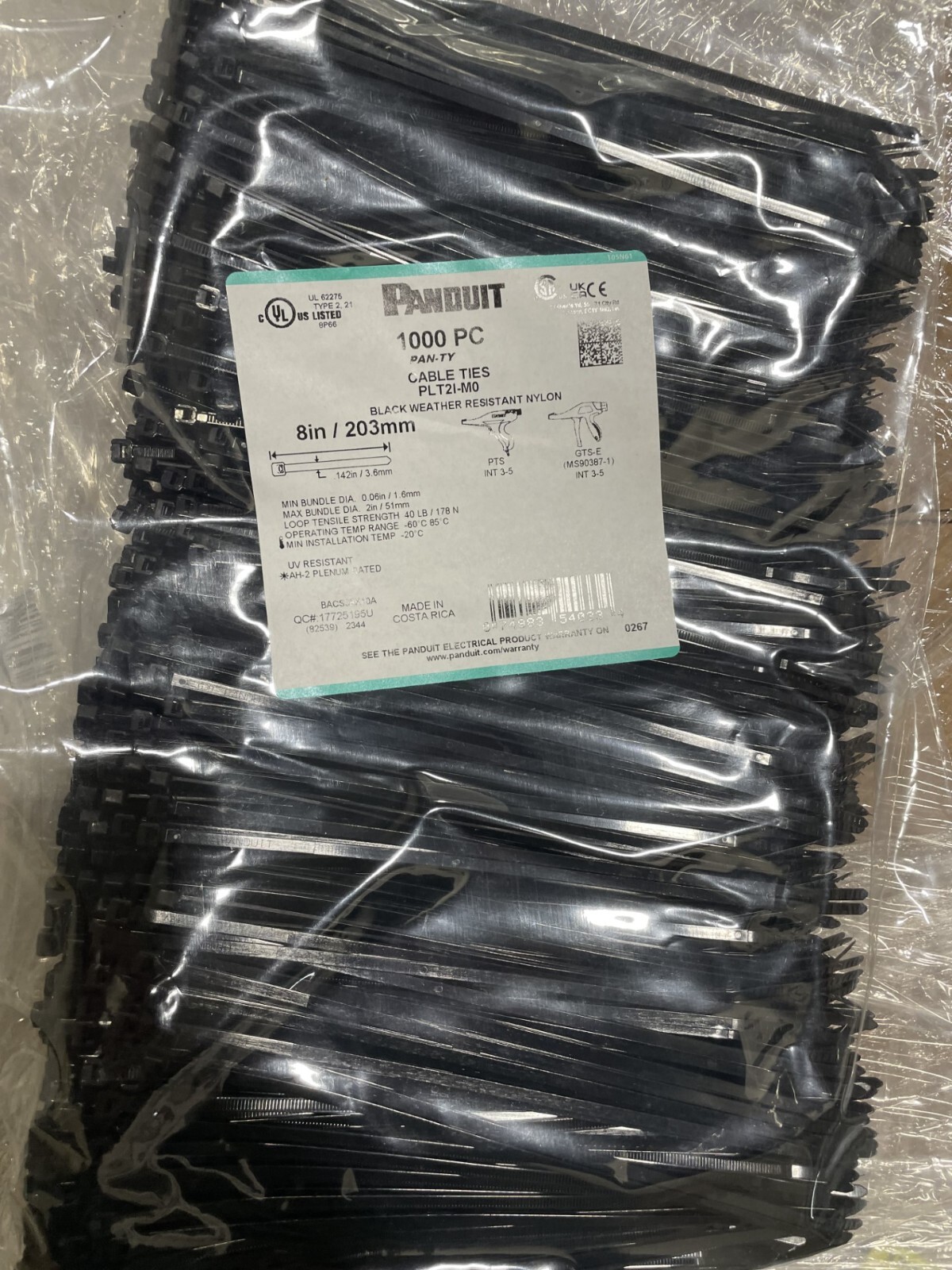 Panduit PLT2I-M0 Locking Cable Tie 8"L, Weather Resistant, Nylon 6.6, Black 1000