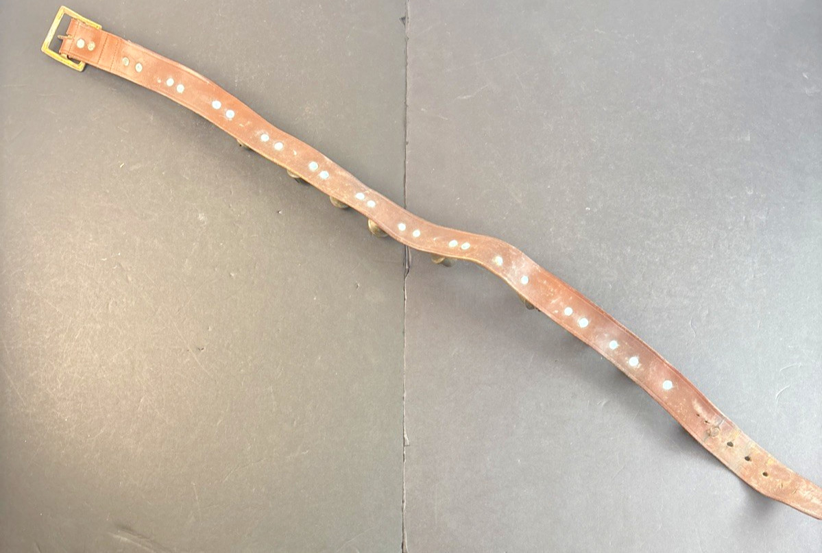 Antique 11 Brass Acorn Sleigh Bells on 41" Leather Strap w/ Copper Rivets VIDEO