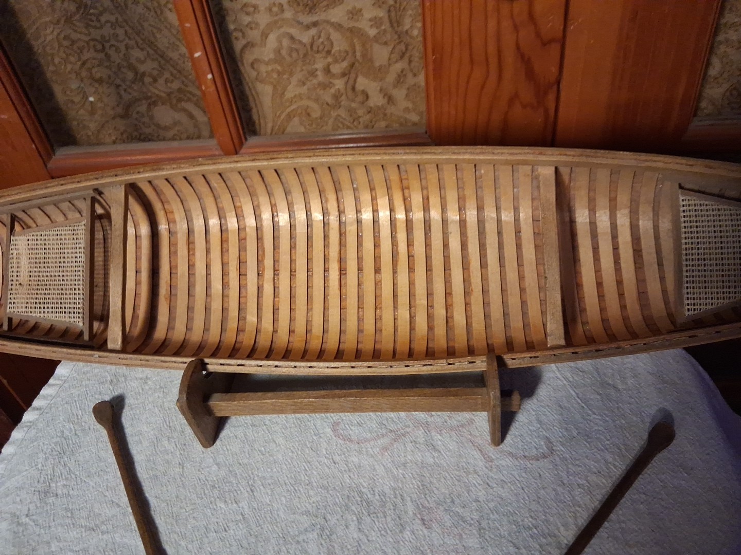 Vintage AM Wooden Large 27" Canoe Model~2 Paddles & Stand~Original Box