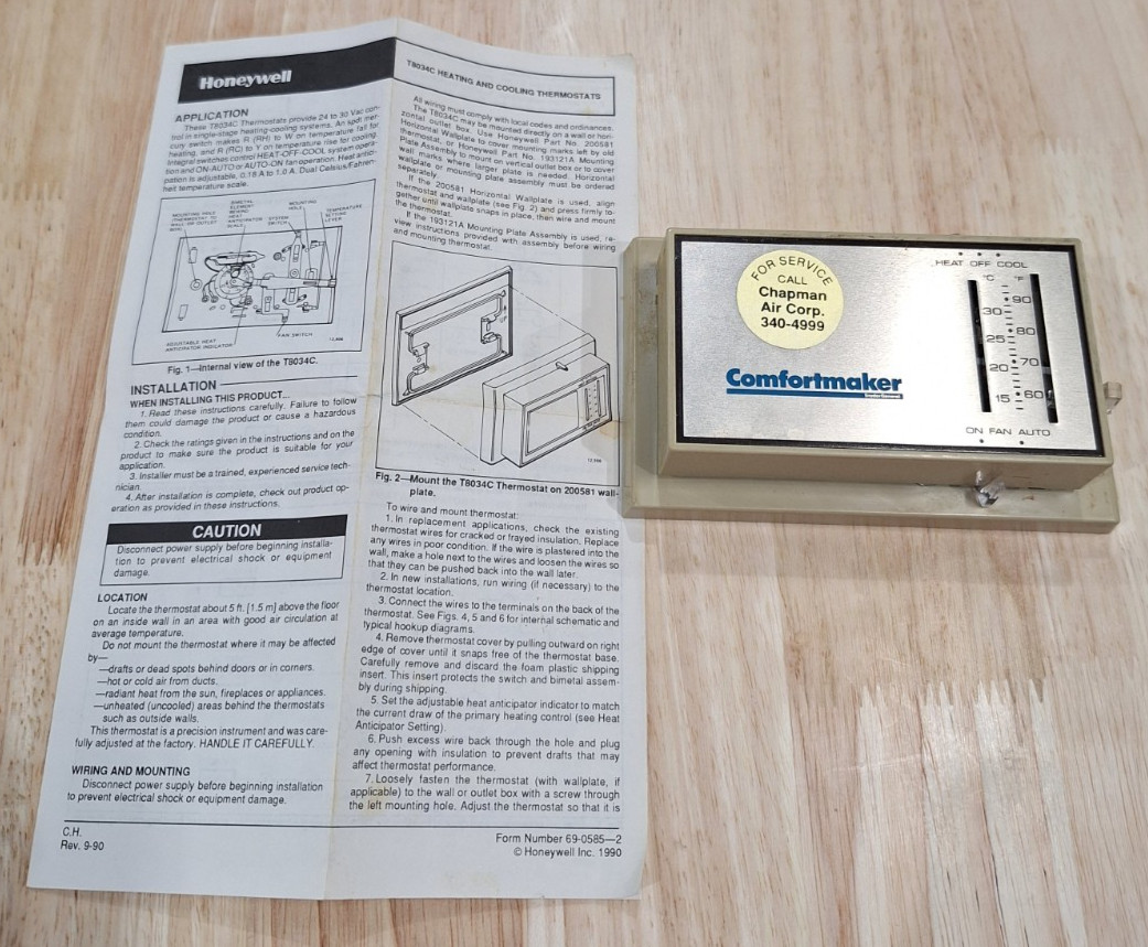 VINTAGE HONEYWELL COMFORTMAKER SNYDERGENERAL T8034C HEATING & COOLING THERMOSTAT