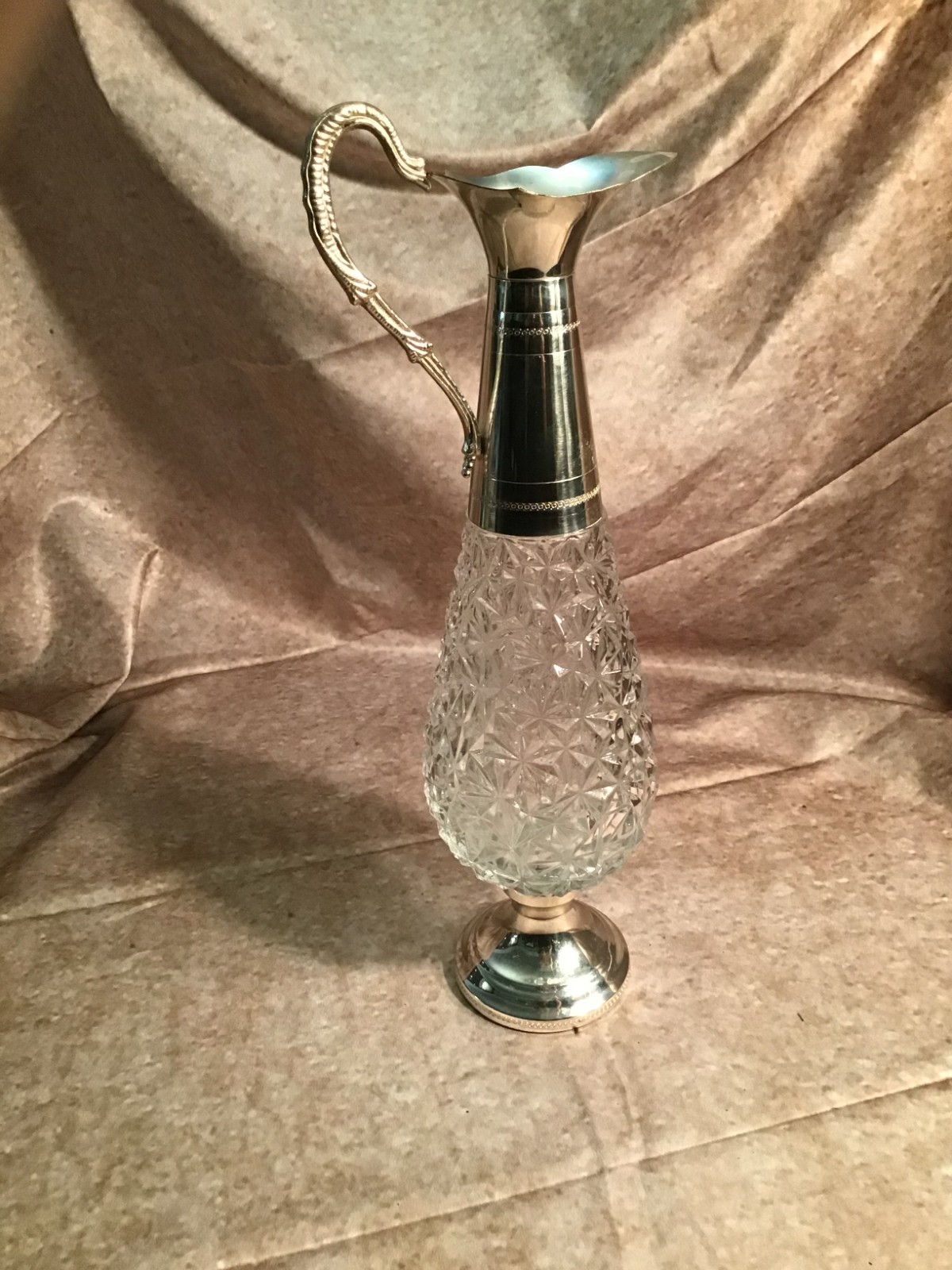 VTG F.lli Beccaro-Acqui Crystal & Silver Plate Claret Pitcher Decanter Italy