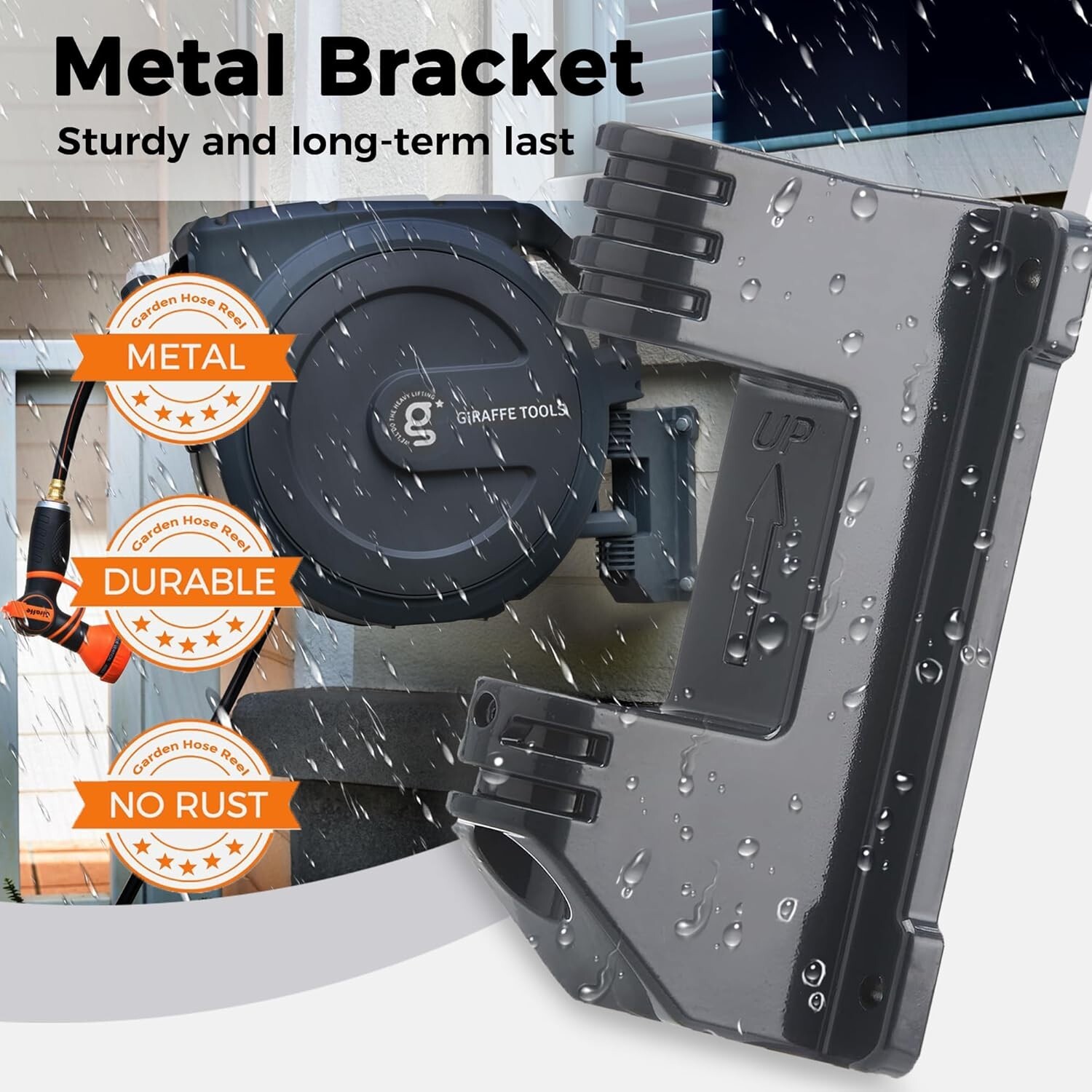 Giraffe Tools Retractable Garden Hose Reel 78-130FT Hose Reel PP & Metal Bracket