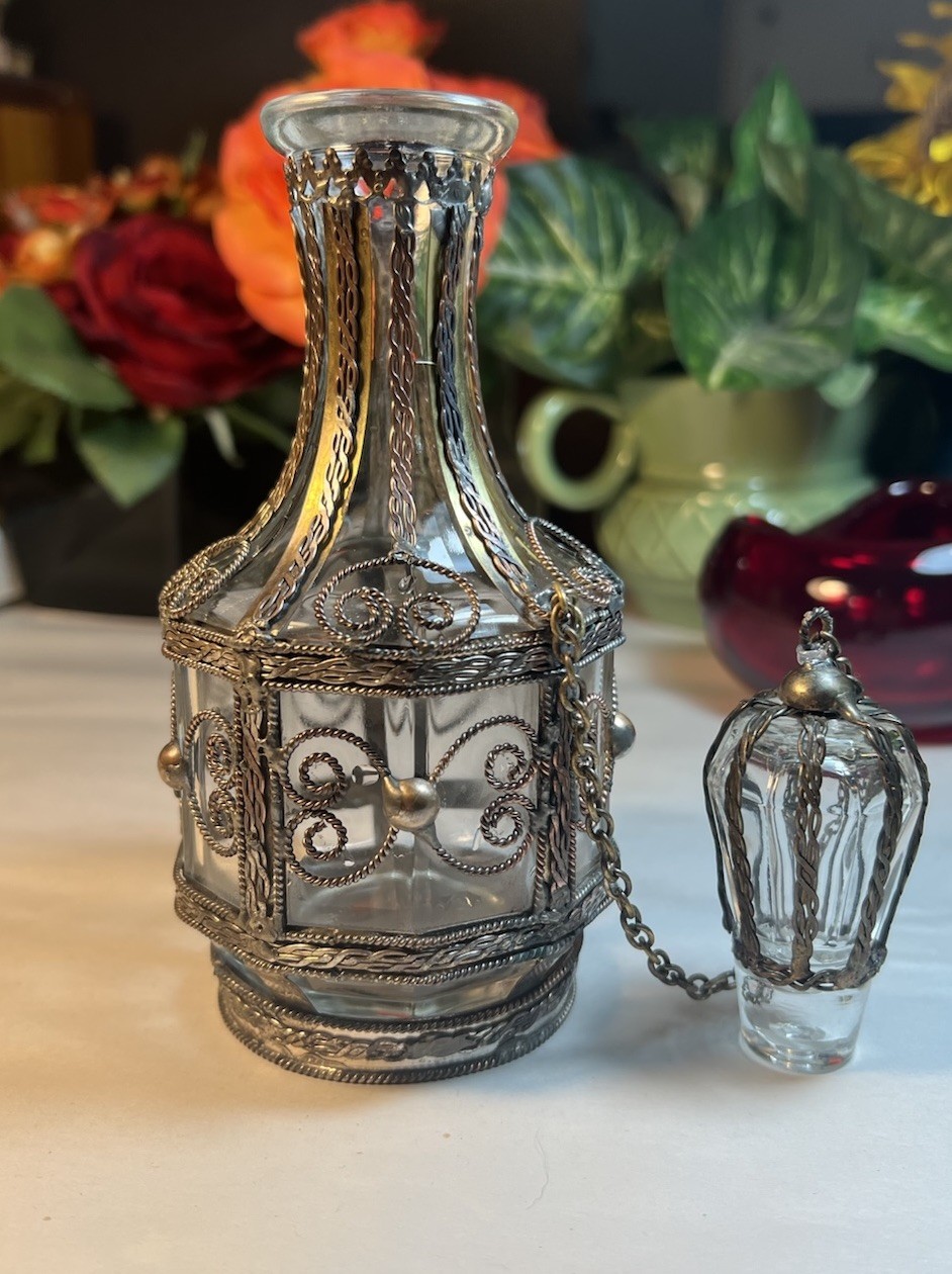 VTG GLASS BOTTLE SILVER PLATED, BRASS, COPPER OVERLAY BOTTLE 1900's UNIQUE