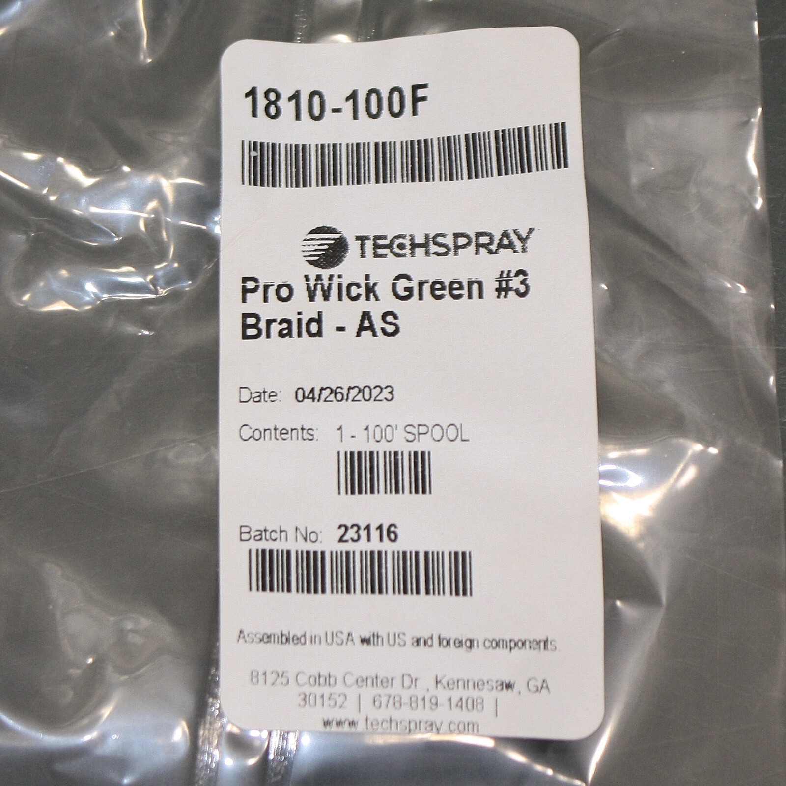 TechSpray ProWick Desoldering Braid 1810-100F, #3 x 100ft, Green, Flux Coated